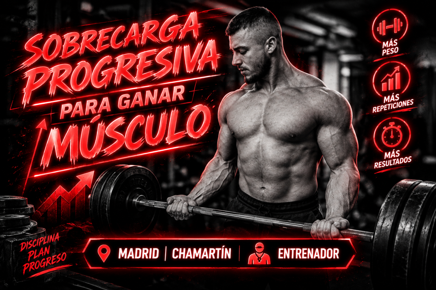 Sobrecarga progresiva entrenamiento fuerza Madrid — Marcos Martín entrenador personal Yoofit Chamartín ACSM 2026 progresar ganar músculo sin estancamiento