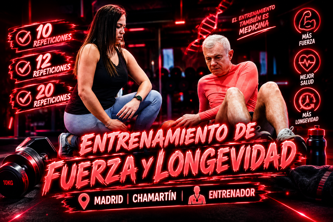 Entrenamiento fuerza longevidad Madrid — Marcos Martín entrenador personal Yoofit Chamartín BJSM 2026 mortalidad demencia 90 minutos semana
